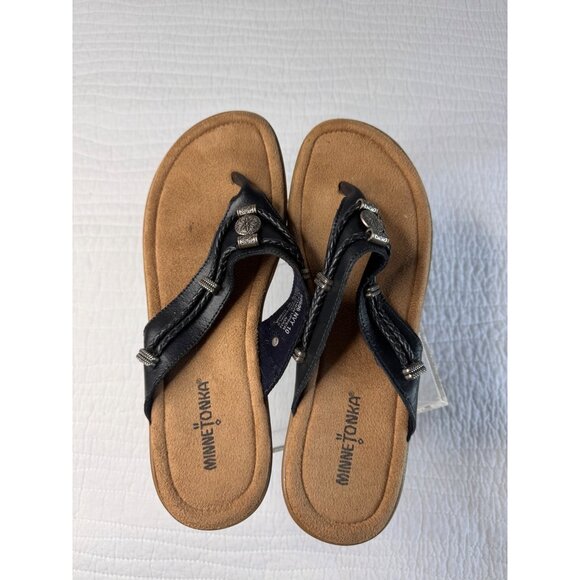 Minnetonka Womens Navy Leather Slip-on Sandals SZ 10 Travel Vacation - Picture 7 of 9